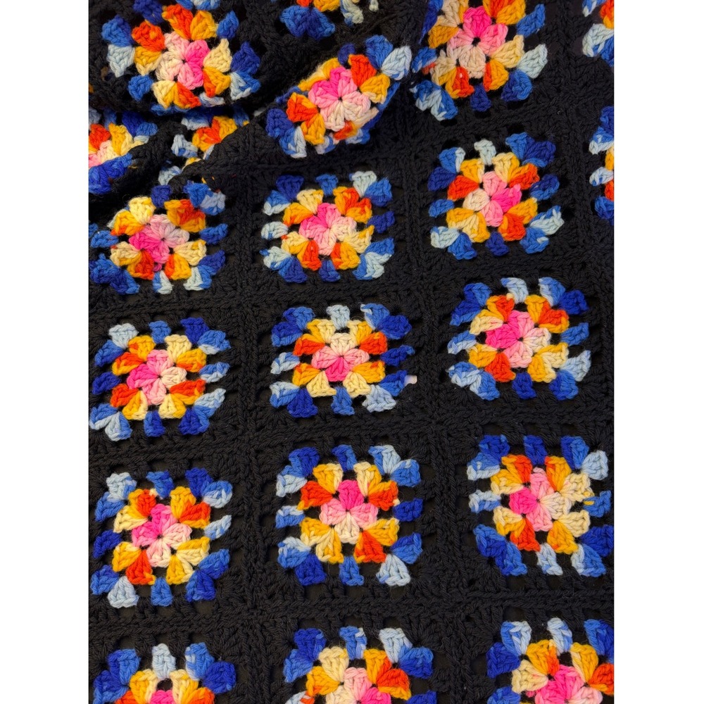 Vintage Handmade Granny Square Crochet Afghan Throw Blanket Black Multi 42x62